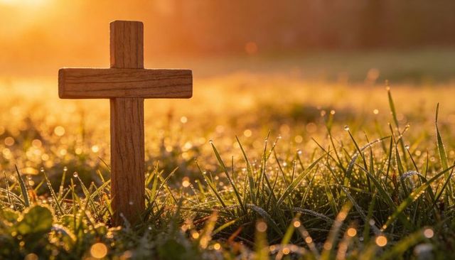 Rustic wooden cross in dewy grass at sunrise with golden backlight and bokeh