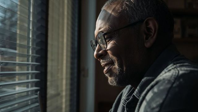 Senior man gazing through window blinds with sunbeam stripes creating quiet contemplative mood