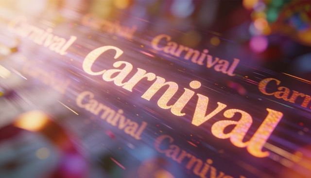 Glowing carnival typography sparkling with gold glitter, bokeh lights and motion streaks