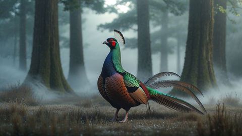 Iridescent pheasant animal in enchanted forest morning mist
