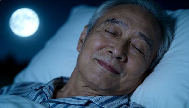 Senior asian man sleeping peacefully in moonlit bed closeup, full moon night wellness
