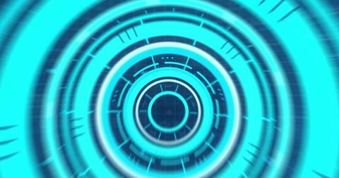 Cyan Neon HUD Tunnel With Rotating Concentric Rings, Radial Ticks and Futuristic Interface