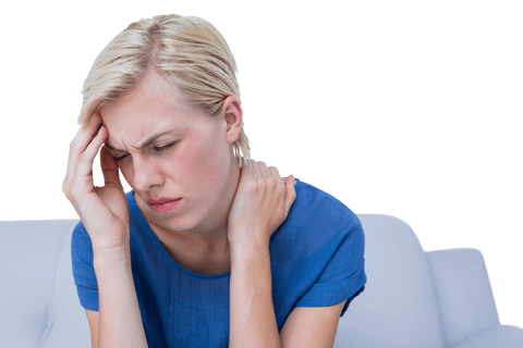 Woman Holding Head In Pain On Comfortable Sofa, Neck Strain Transparent - Download Free Stock Videos Pikwizard.com