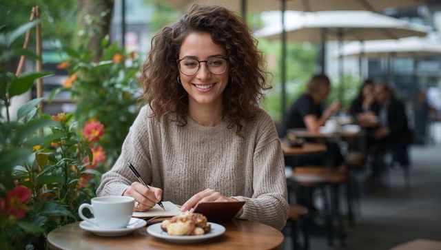 Smiling woman writing in notebook at outdoor cafe terrace with coffee and pastry