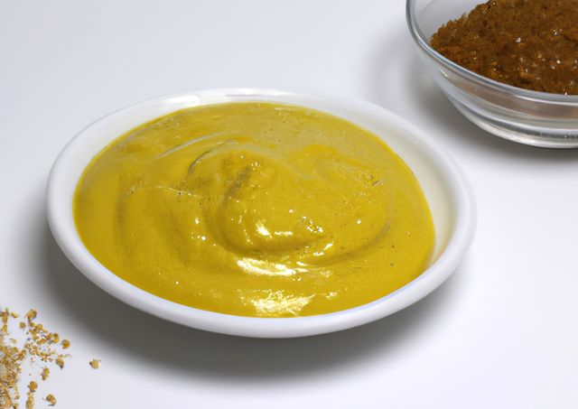 Bright yellow mustard served in clean white bowl perfect for culinary applications, food presentations, and recipe illustrations. Ideal for cookbooks, food blogs, and advertising condiment brands.