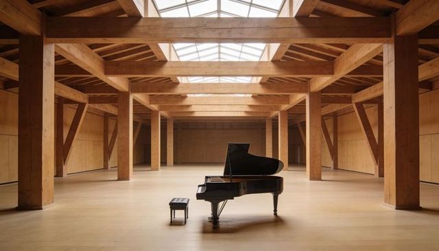Grand piano in spacious timber rehearsal hall with skylight and exposed beams