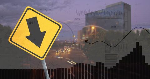 Financial Data Graphics with Cityscape and Road Sign - Download Free Stock Images Pikwizard.com