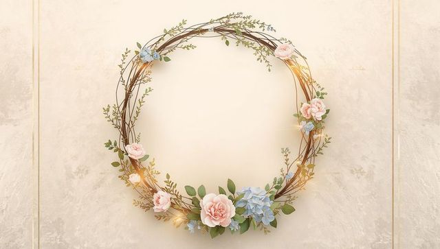 Elegant pastel floral wreath featuring pink roses and blue hydrangea on beige backdrop