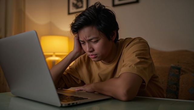 Frustrated asian man leaning over laptop, working late from home under warm lamp light