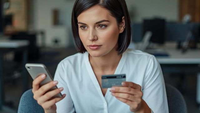 Focused Businesswoman Using Smartphone and Credit Card in Office