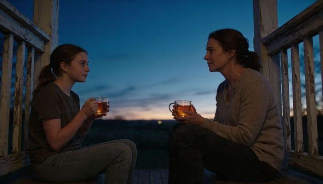 Mother and teen daughter sharing tea on rustic porch at twilight