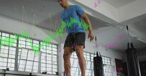 Balancing athlete training on balance board with financial data overlay for performance