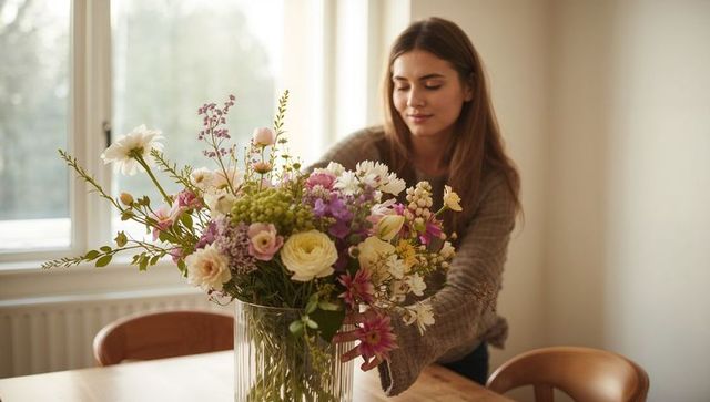 Young woman arranging pastel spring bouquet in clear vase on cozy wooden table by warm window