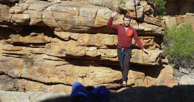 Man Balance Walking on Tightrope in Rocky Canyon - Download Free Stock Images Pikwizard.com