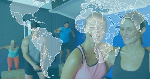 Group workout with world map overlay in gym setting