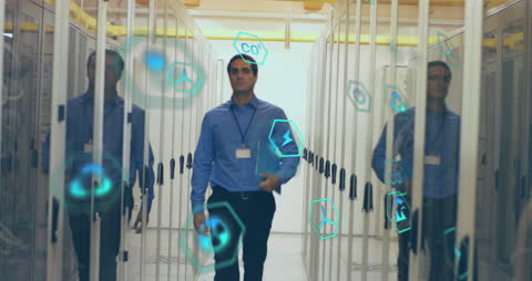 Businessman Analyzing Digital Data in Modern Server Room