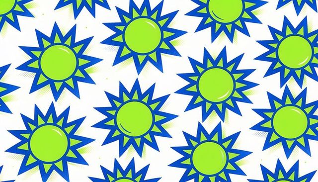 Neon lime sunburst seamless pattern with blue starburst rays for textile and graphic design