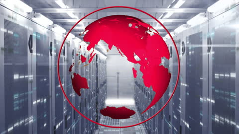 Digital Globe Overlay on Futuristic Server Room Concept