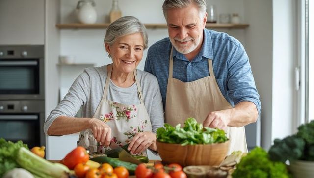 Smiling older couple preparing healthy meal together in kitchen