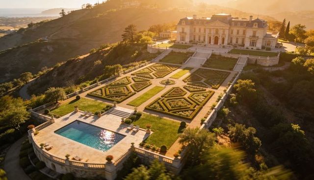 Sunlit hilltop mansion with formal geometric gardens and infinity pool at golden hour