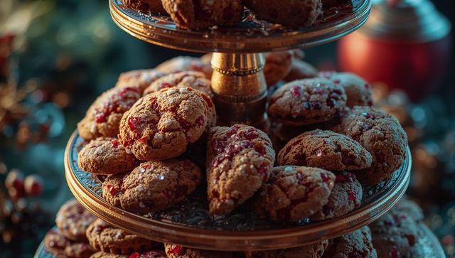 Festive Tiered Stand with Berry-Studded Cookies and Holiday Decor