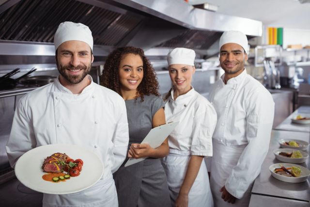 Restaurant manager stands with professional kitchen staff in a commercial kitchen, smiling and presenting a plated dish. Use this image for articles and content related to restaurant management, culinary teams, food service industry, teamwork in professional kitchens, and hospitality.