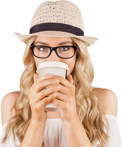 Transparent Woman Holding Coffee Cup in Summer Hat Casual Lifestyle