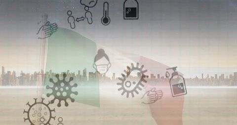 Italian flag and health icons with urban skyline