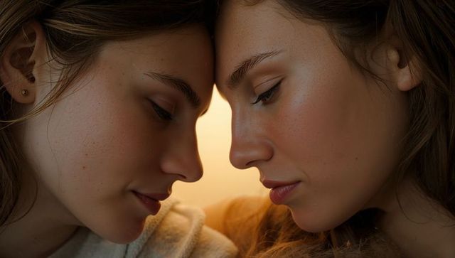 Tender closeup of female couple touching foreheads with warm backlight glow and freckles