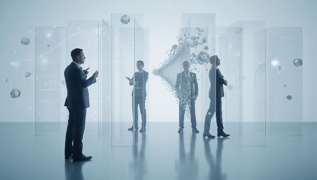 Businessmen examining holographic data cloud in futuristic glass workspace with ai visuals