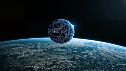 Orbiting AI circuit sphere scanning Earth with HUD rings and cinematic lens flare