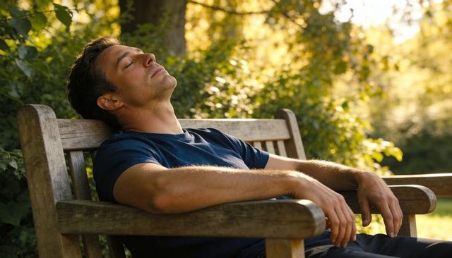 Man reclining on wooden bench basking in golden hour sunlight relaxing in leafy park
