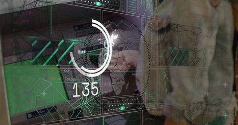 Analyst pointing at interactive data dashboard with world map gauge and futuristic analytics