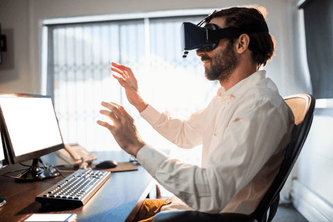 businessman experiencing virtual reality with minimal bannerheadset in modern office - Download Free Stock Videos Pikwizard.com