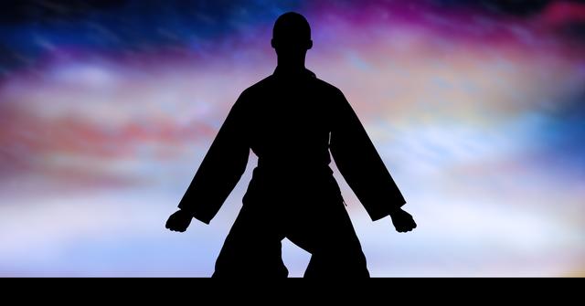 Silhouette of karate man sitting against digitally generated sky background