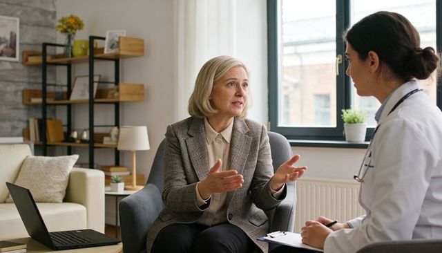 Senior woman consulting with female doctor about health concerns in comfortable clinic