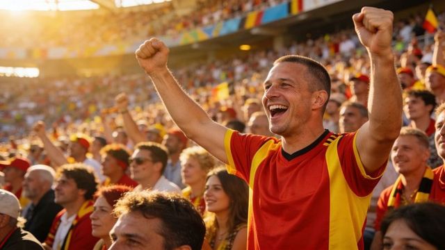 Male fan raising arms and cheering in red-yellow jersey at sunlit stadium crowd