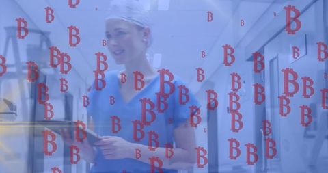 Medical Professional Using Tablet with Overlaid Bitcoin Symbols