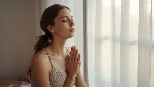 Woman meditating near sunlit window hands pressed in prayer pose serene mindfulness
