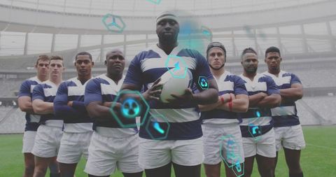 Rugby team standing united on stadium field holding ball facing camera with tech overlays