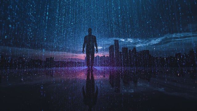 Solitary Futuristic Silhouette Walking Through Neon Data Rain Over City Skyline at Dusk