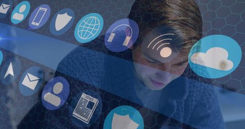 Caucasian Male with Smartphone Surrounded by Digital Technology Icons