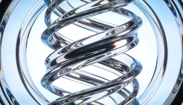 Chromed double-helix sculpture reflecting prismatic light in futuristic spiral composition