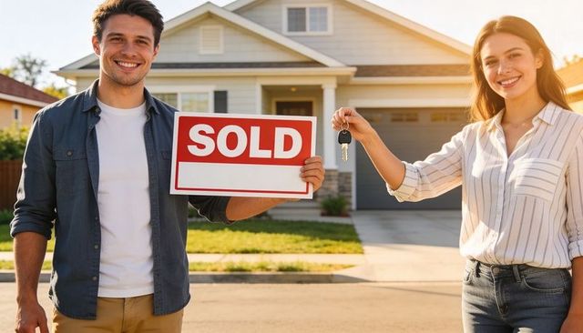 Young couple celebrating home purchase holding sold sign and keys in suburban driveway
