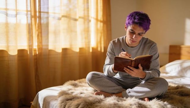 Young person with purple hair journaling on sunlit bed in cozy loungewear