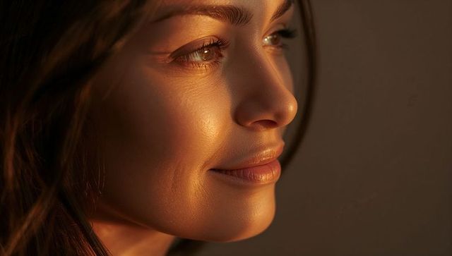 Golden hour closeup of light-skinned woman gazing with soft smile and warm side light