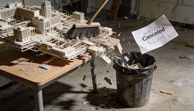 Sweeping scale architectural model sending canceled blueprint into trash during cleanup