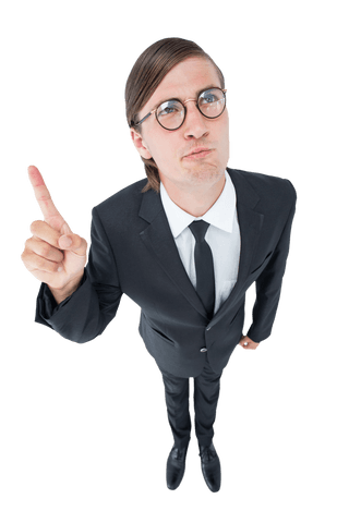 Geeky Businessman Contemplating Transparent Background Pointing Upwards