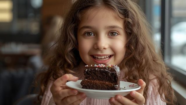Smiling Girl Enjoying Slice of Chocolate Cake in Cafe