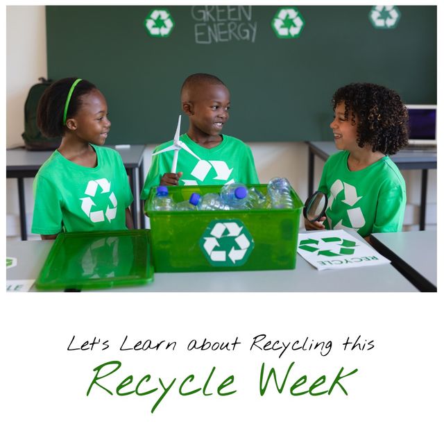 Children enthusiastically engaging in recycling education in a classroom. Three diverse students wearing green recycle-logo t-shirts sort plastic bottles and other recyclables into a green bin. Perfect for promoting environmental education, school activities related to sustainability, and eco-friendly community programs. Great visual for blog posts on recycling, green energy initiatives, and classroom projects focused on sustainability.